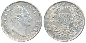 William IV, Silver Rupee, 1835, Calcutta Mint, F incuse, A / I, Two Leaves, 19 Berries, (P