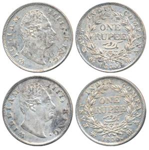 William IV, Silver Rupee, 1835 (2), Calcutta Mint, F raised, A / I, Two leaves, 19 Berries