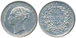 Victoria Queen, Silver ¼ Rupee, 1840, continuous legend, Calcutta Mint, English Head, 20 B