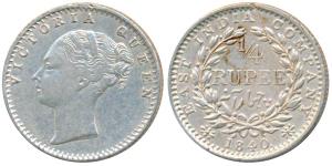 Victoria Queen, Silver ¼ Rupee, 1840, continuous legend, Calcutta Mint, Mule, Indian head,