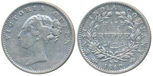 Victoria Queen, Silver ½ Rupee, 1840, continuous legend, Calcutta Mint, Indian Head, 19 Be