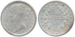 Victoria Queen, Silver ¼ Rupee, 1840, Divided legend, Calcutta Mint, Mule, ww raised, rev.