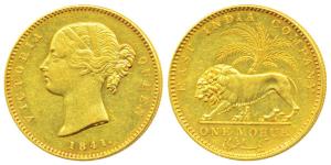 Victoria Queen, Gold Mohur, 11.66g, 1841, Divided legend, WW incused on truncation, cross 