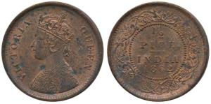 Victoria Queen, Copper ½ Pice, 1862, Madras Mint, Left stroke of v in relief in centre of 
