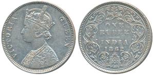 Victoria Queen, Silver Rupee, 1862, Bombay Mint, A / I / 0 / 5, One smaller dot on the pun