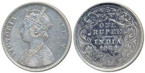 Victoria Queen, Silver Rupee, 1862, Calcutta Mint, A / II, plain cone over E of ONE and re