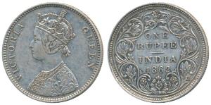 Victoria Queen, Silver Rupee, 1862, Bombay Mint, A / II / 1 / 7, Top dot within top flower