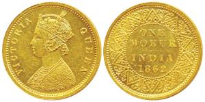 Victoria Queen, Gold Mohur, 11.66g, 1862, two flowers in bottom panel of jabot, V in relie