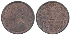 Victoria Queen, Copper ¼ Anna, 1875, Calcutta Mint, (Prid 609). Extremely Fine+, Scarce.