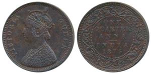Victoria Queen, Copper ¼ Anna, 1875, Bombay Mint, (Prid 635). About Extremely Fine, Rare.