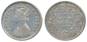 Victoria Empress, Silver 2 Annas, 1877, Bombay Mint, A / I / dot, (Prid 520). Extremely Fi