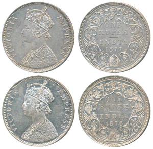 Victoria Empress, Silver Rupee (2), 1877, Bombay Mint, A3 / II variant / dot, Unlisted in 