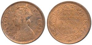 Victoria Empress, Copper ¼ Anna, 1880, Calcutta Mint, C below date on centre bead, (Prid 6