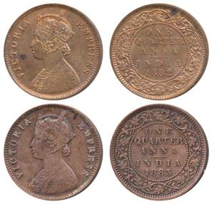 Victoria Empress, Copper ¼ Anna, 1882 and 1883, Calcutta Mint, C below date on centre bead