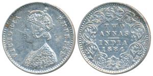 Victoria Empress, Silver 2 Annas, 1884, Bombay Mint, A / I / No mint mark, (Prid 531). Ver