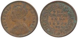 Victoria Empress, Copper ¼ Anna, 1885, Calcutta Mint, No mm, (Prid 618). Very Fine+, Rare.