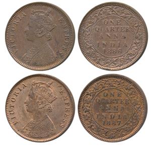 Victoria Empress, Copper ¼ Anna (2), 1886, Bombay Mint; 1887, Calcutta Mint, C below date 