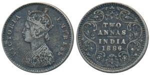 Victoria Empress, Silver 2 Annas, 1886, Bombay Mint, A / II / B incuse, Unlisted in Pridmo