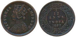 Victoria Empress, Copper 1/12 Anna, 1888, Bombay Mint, obv. A, (Prid 815). Very Fine+, Ver