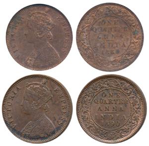 Victoria Empress, Copper ¼ Anna (2), 1889, Bombay Mint; 1890, Calcutta Mint, (Prid 644 & 6