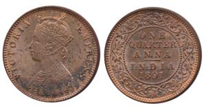 Victoria Empress, Bronze ¼ Anna, 1891, Bombay Mint (Prid 645). About Uncirculated.