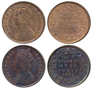 Victoria Empress, Copper ¼ Anna (2), 1892 and 1894, Calcutta Mint, (Prid 625 & 627). About