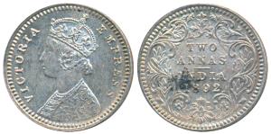 Victoria Empress, Silver 2 Annas, 1892, Calcutta Mint, B / II / C incuse (Prid 507). Nice 
