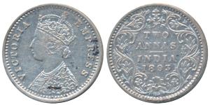 Victoria Empress, Silver 2 Annas, 1893, Bombay Mint, B / II / B incuse, 3 over 2 in date, 