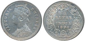 Victoria Empress, Silver ¼ Rupee, 1894, Calcutta Mint, C / II / C incuse, (Prid 399). Extr