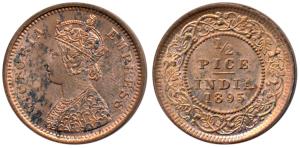Victoria Empress, Copper ½ Pice, 1895, Calcutta Mint, (Prid 728). About Uncirculated.