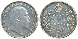 Edward VII, Silver ½ Rupee, 1906, Bombay Mint, B incuse, (Prid 315). Very Fine+, Very Rare