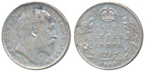 Edward VII, Silver Rupee, 1908, Bombay Mint, B incuse with dot on the vine and 8 over 7 in