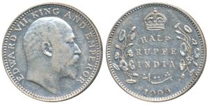 Edward VII, Silver ½ Rupee, 1909, Calcutta Mint, No mint mark, (Prid 313). About Extremely