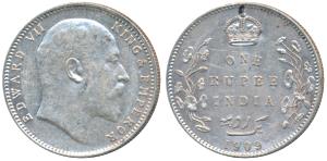 Edward VII, Silver Rupee, 1909, Bombay Mint, B incuse with dot on the vine and 9 over 8 in