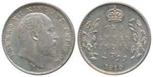 Edward VII, Silver 2 Annas, 1910, Bombay Mint, dot on the vine at 5 o’clock, Unlisted in P