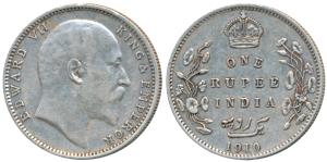 Edward VII, Silver Rupee, 1910, Bombay Mint, B incuse with dot on the vine and 10 over 09 