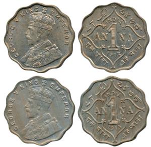 George V, Cupro-Nickel Anna (2), 1912 and 1913, Bombay Mint, (Prid 942 & 943). About Uncir