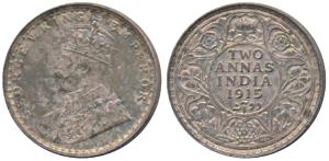 George V, Silver 2 Annas, 1915, Bombay Mint. Nice toning, Uncirculated, Scarce.