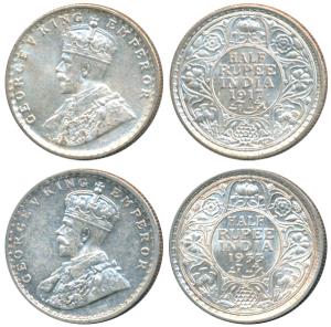 George V, Silver ½ Rupee, 1917, Bombay Mint and 1933, Calcutta Mint. Uncirculated and Abou