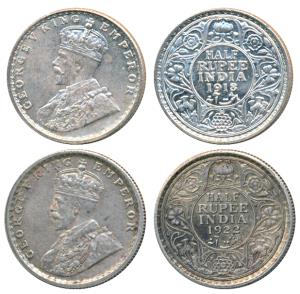 George V, Silver ½ Rupee (2), 1918, Bombay Mint; 1922, Calcutta Mint (Prid 342 & 324). Unc