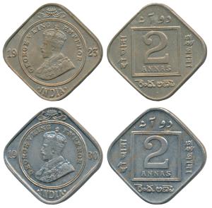 George V, Cupro-Nickel 2 Annas (2), 1923 and 1930, Bombay Mint, (Prid 896 & 890). About Un