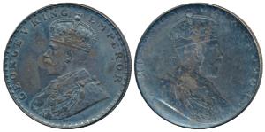 George V, Silver Rupee, Error, Brockage, nice deep and complete lakhi impression on rev., 