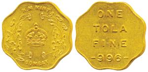 Bombay Mint, Token, Gold 1 Tola, 11.65g, H M Mint, crown within wreath and Bombay below on
