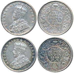 George V, Silver ½ Rupee (2), 1924 and 1928, Bombay Mint, (Prid 346 & 349). About Uncircul