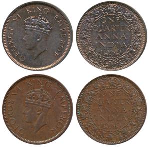 George VI, Bronze ¼ Anna, 1939, Calcutta Mint, 1st head; 2nd Head; (Prid 685 & unlisted in