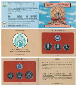 1991 Proof Set, India Tourism Year, set of 3, Rupee 1 to 5. In immaculate condition, withi