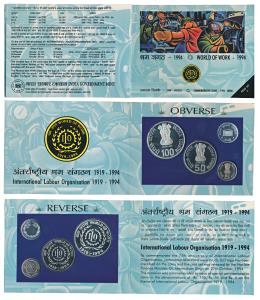 1994 Proof Set, World of work, set of 3, Rupees 5 to 100. In immaculate condition, but wit