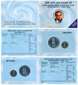 2009 Uncirculated set, Homi Bhabha Birth Centenary, set of Rupees 10 (bi-metal) and 100. I