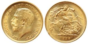 Australia, George V, Gold ½ Sovereign, 4g, 1916, ’S’ mint mark for Sydney Mint, St. George