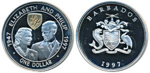 Barbados, Elizabeth, Silver Dollar, 10.24g, rev. Golden Anniversary of Queen Elizabeth and